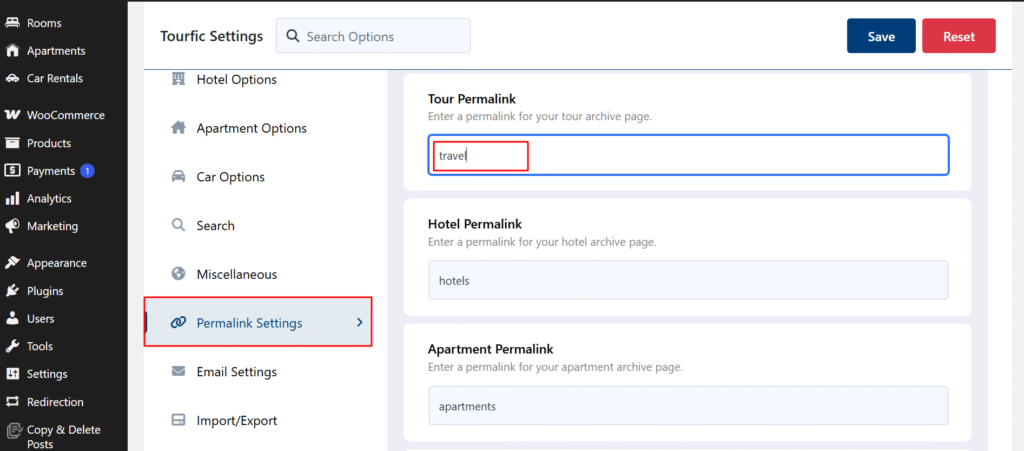 Tourfic Permalink Settings 