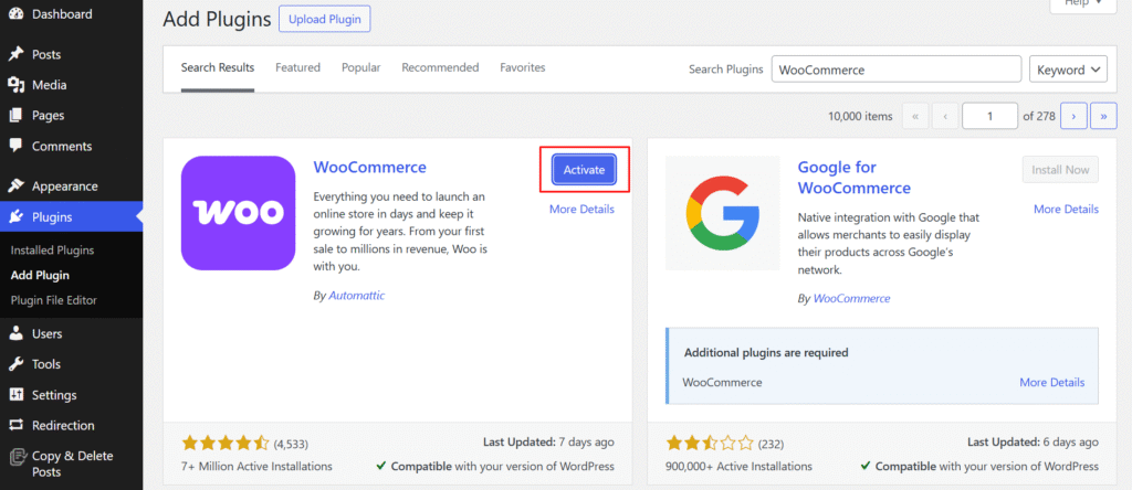 activate woocommerce plugin