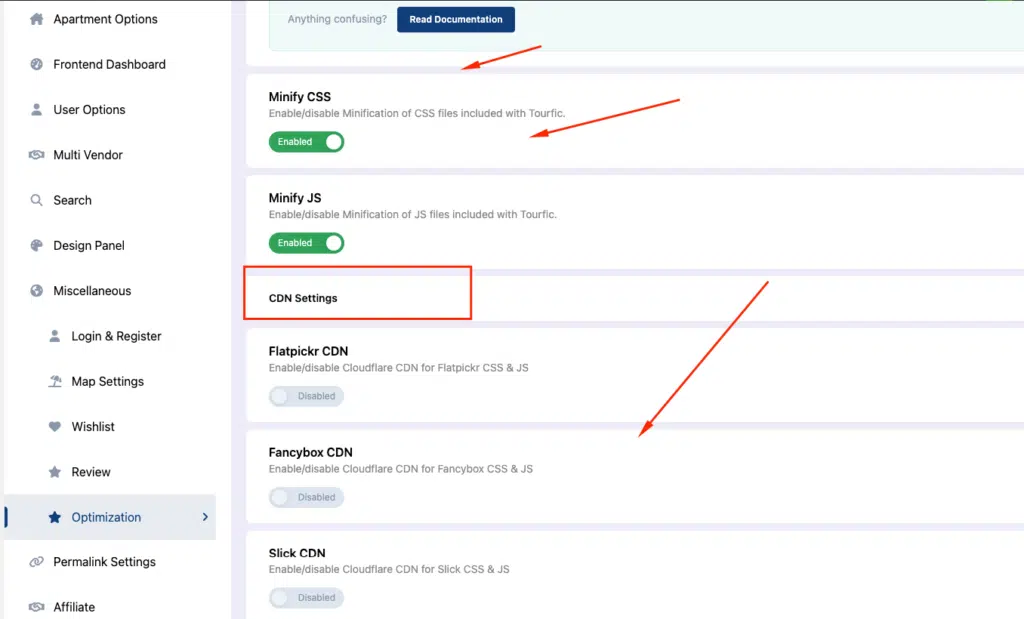 Tourfic Optimization settings - Themefic