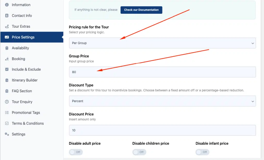 Tourfic Tour price settings group pricing - Themefic