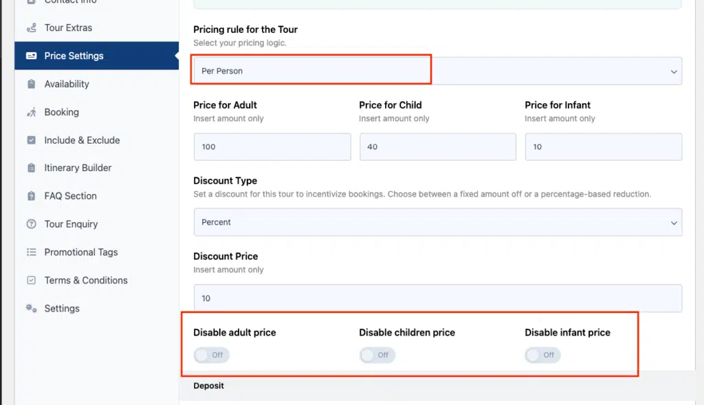 Tourfic Tour price settings per preson - Themefic