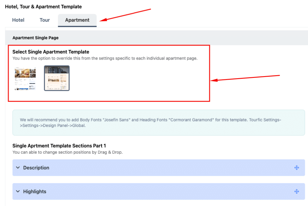 Tourfic apartment template settings global - Themefic