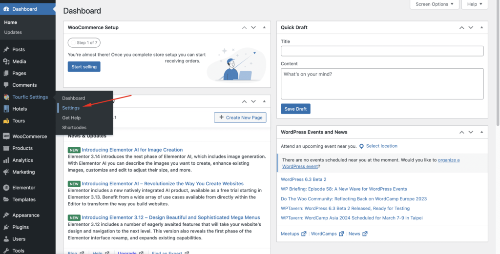 WordPress Admin Dashboard and then select Tourfic Settings > Settings