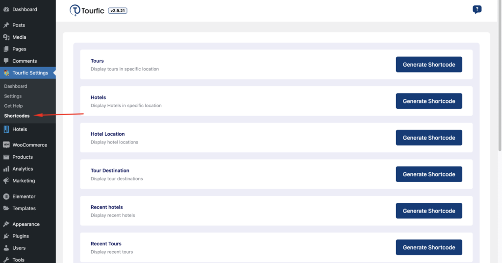Tourfic Settings > Shortcodes
