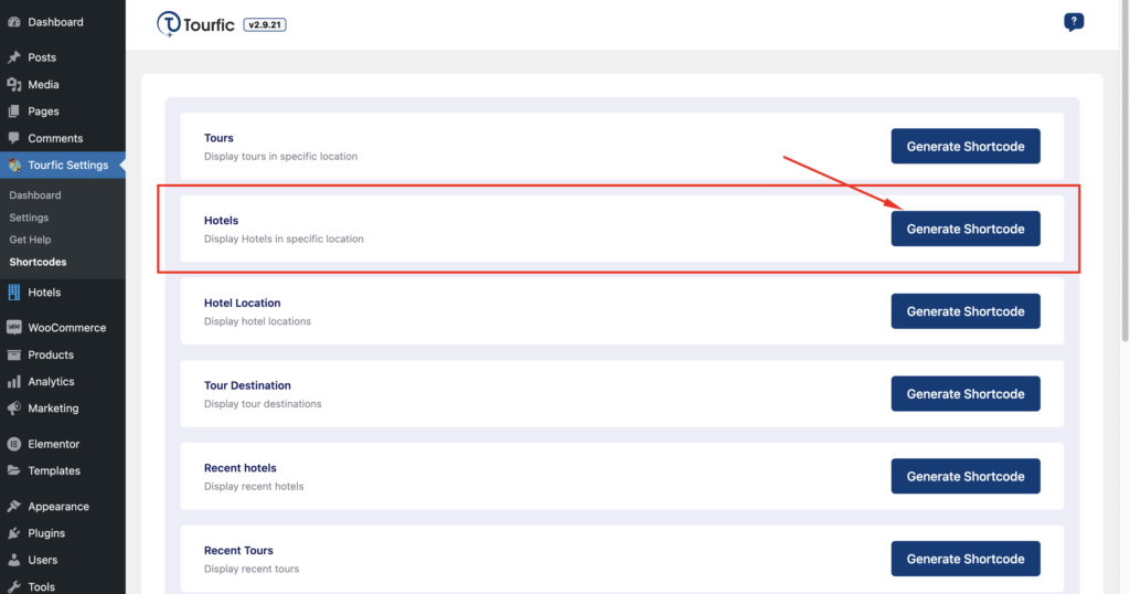 Select Generate Shortcode for Hotels