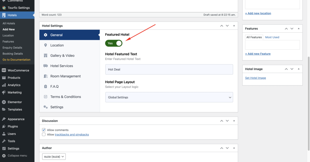 use the toggle button from the General tab to determine whether to make it a featured hotel in case you have multiple hotels.
