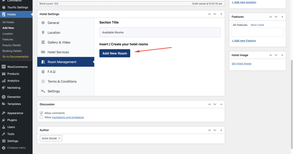 let’s add the data of your hotel rooms. You can do so by selecting Add New Room button from the tab Room Management