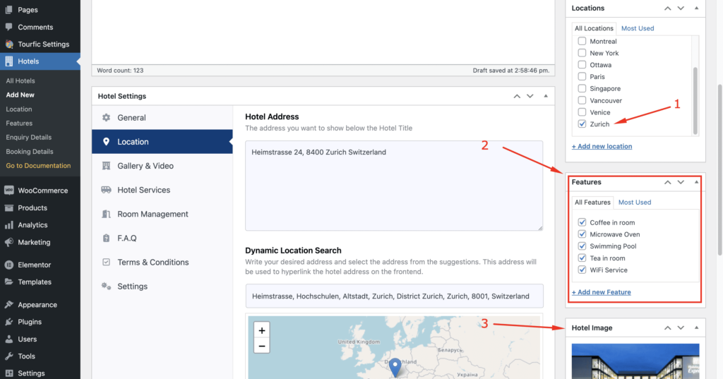 add hotel location, features and a hotel featured image from the following areas
