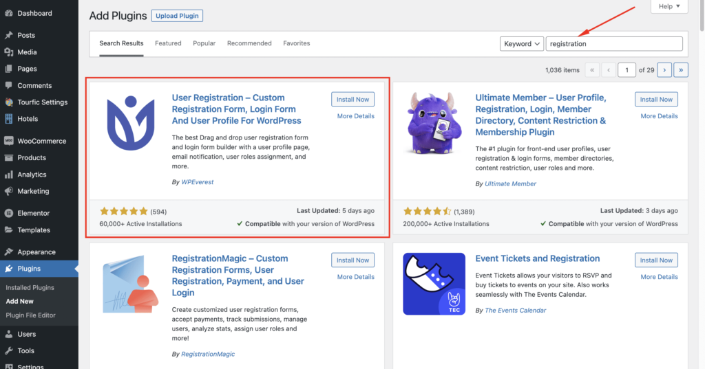 Search for the keyword, ‘Registration’. After that, you’ll find the User Registration plugin from WPEverest. 