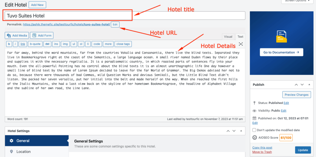 Hotel Dashboard title and details - Themefic