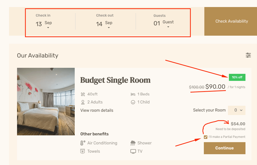 Tourfic hotel room pricing discount frontend - Themefic