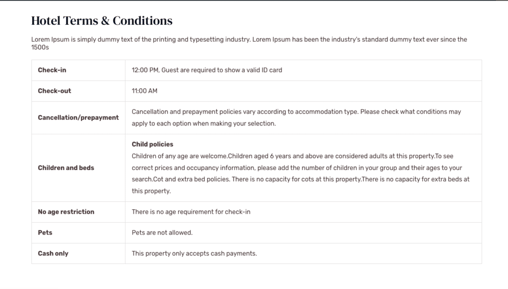 Tourfic hotel single terms and conditions template - Themefic