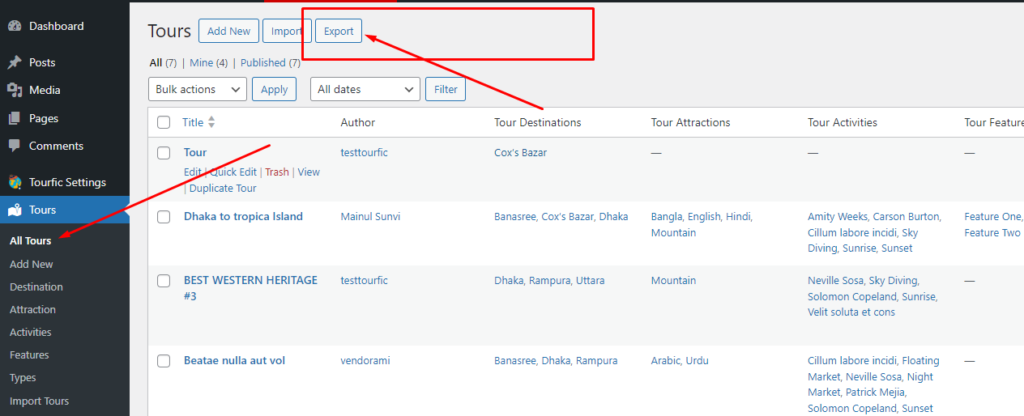 Tours Export list - Themefic