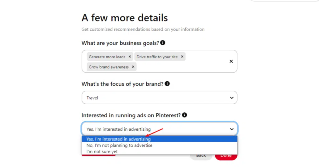 Select ads running option on Pinterest