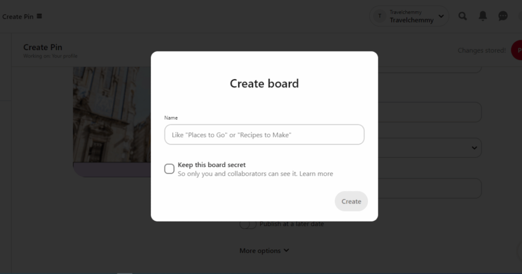 Board creation popup