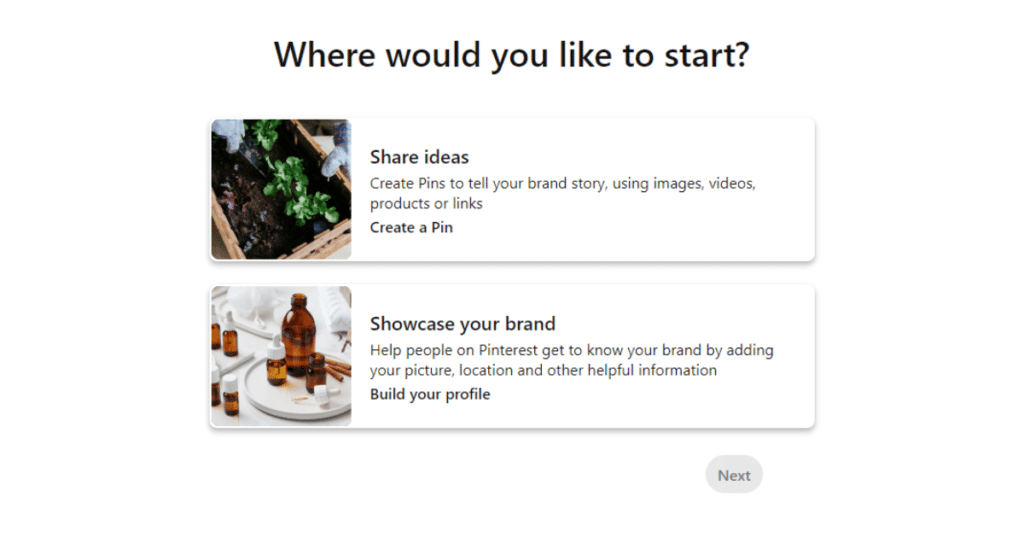 Choose an option to create a pin or build your profile