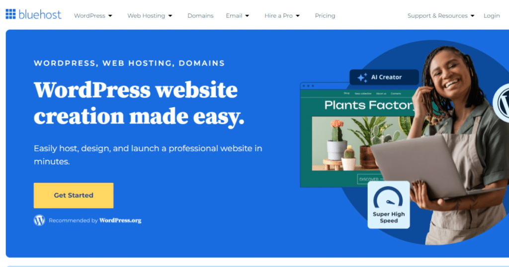 Homepage of Bluehost