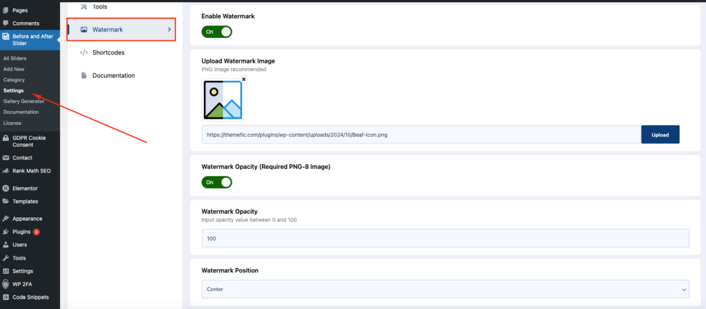 BEAF Watermark settings - Themefic