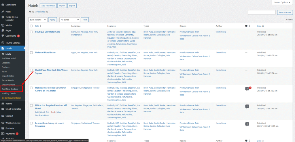 add new hotel bookings details - Themefic