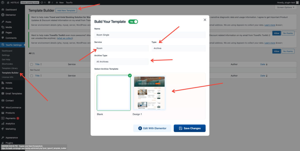 Screenshot of Template Builder ‹ HOTELIC — WordPress 1 - Themefic